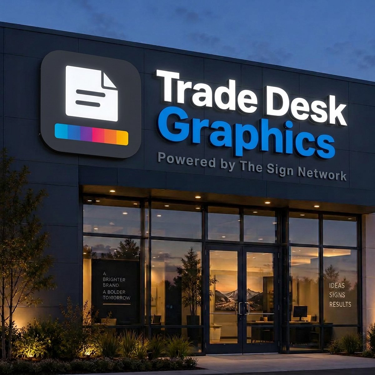 Illuminated channel letters on a storefront at dusk