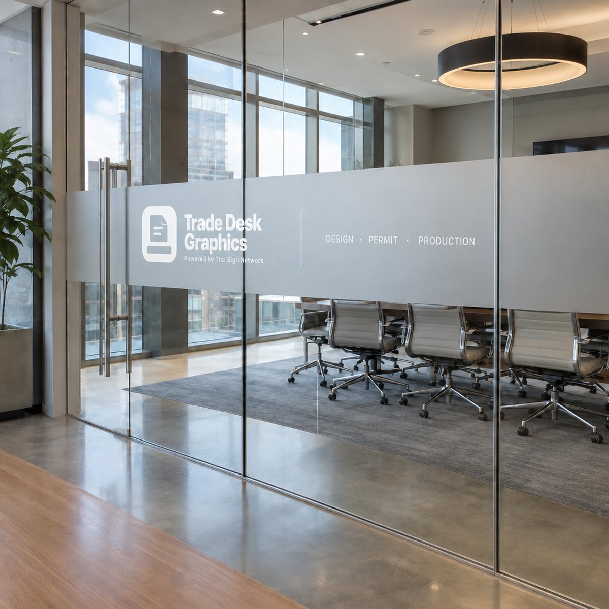 Frosted window graphics on a conference room