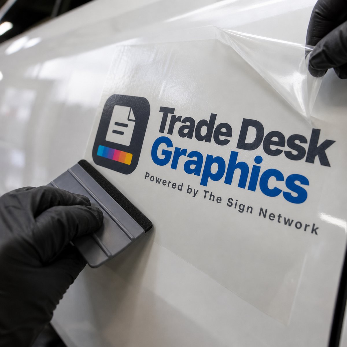 Cut vinyl logo being applied with a squeegee