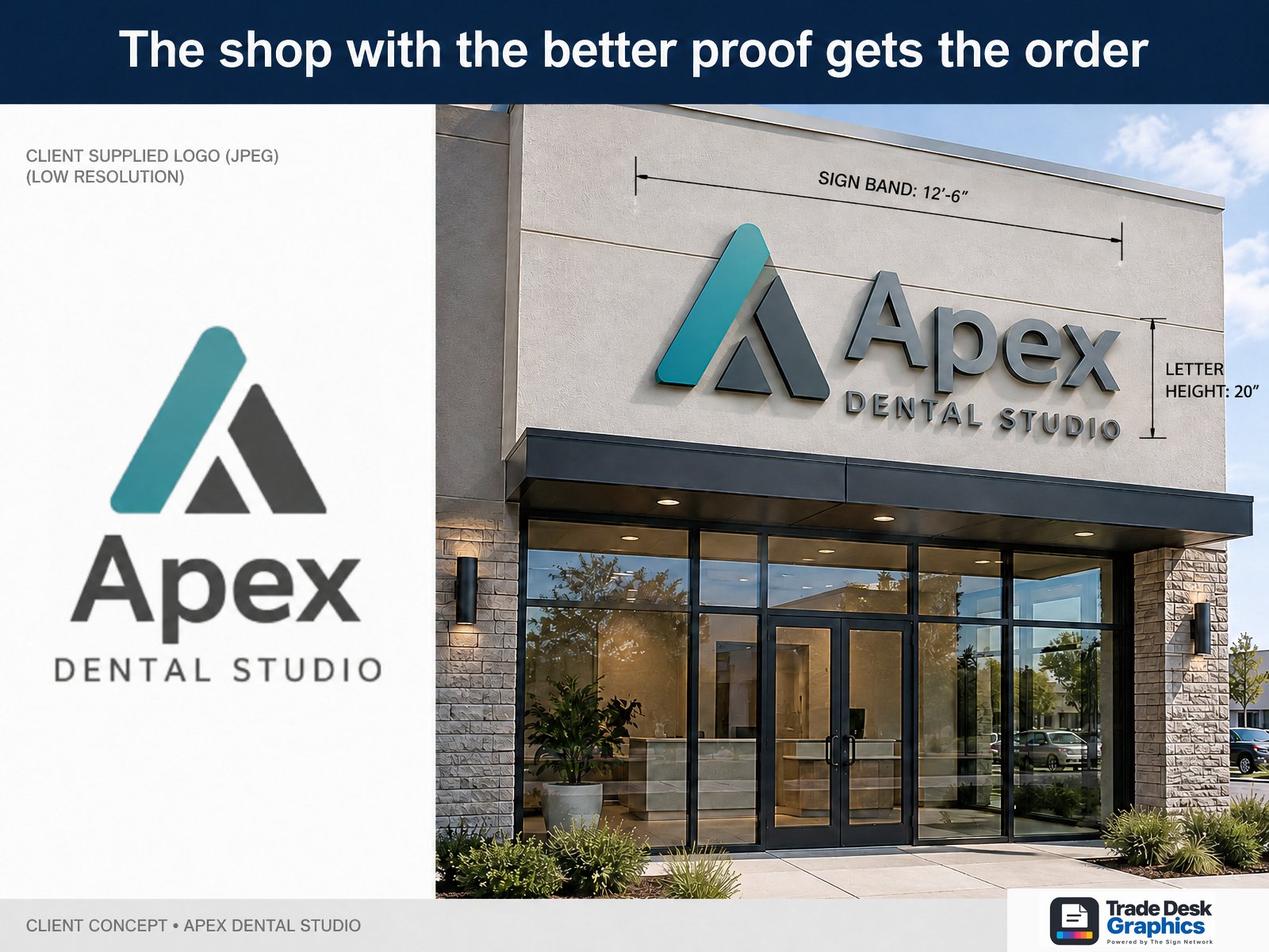 Before and after: a flat JPEG logo turned into a storefront proof