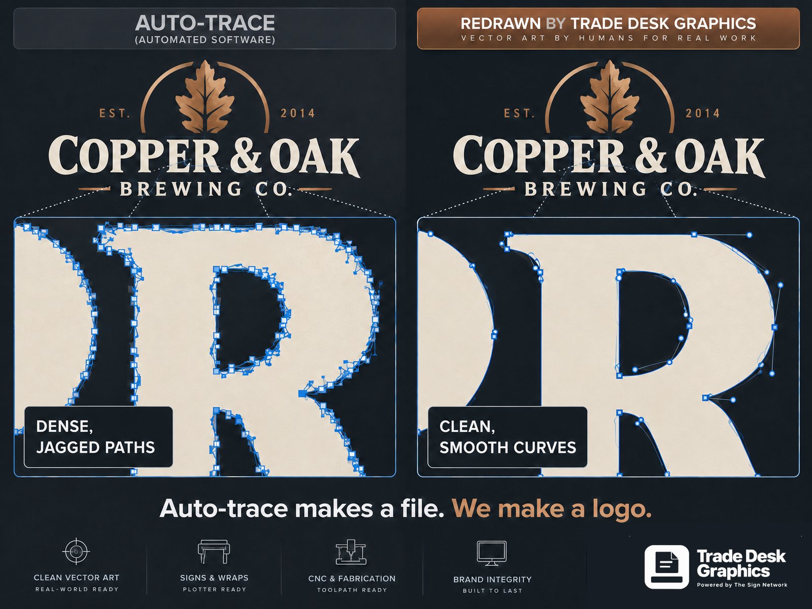 Before and after: a 72 dpi JPEG logo redrawn as a clean vector