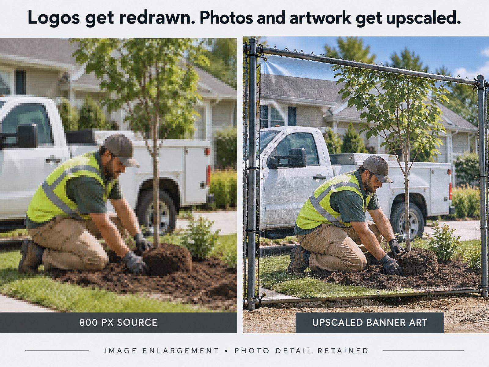 Before and after: an 800 pixel photo upscaled for a 48 by 96 banner