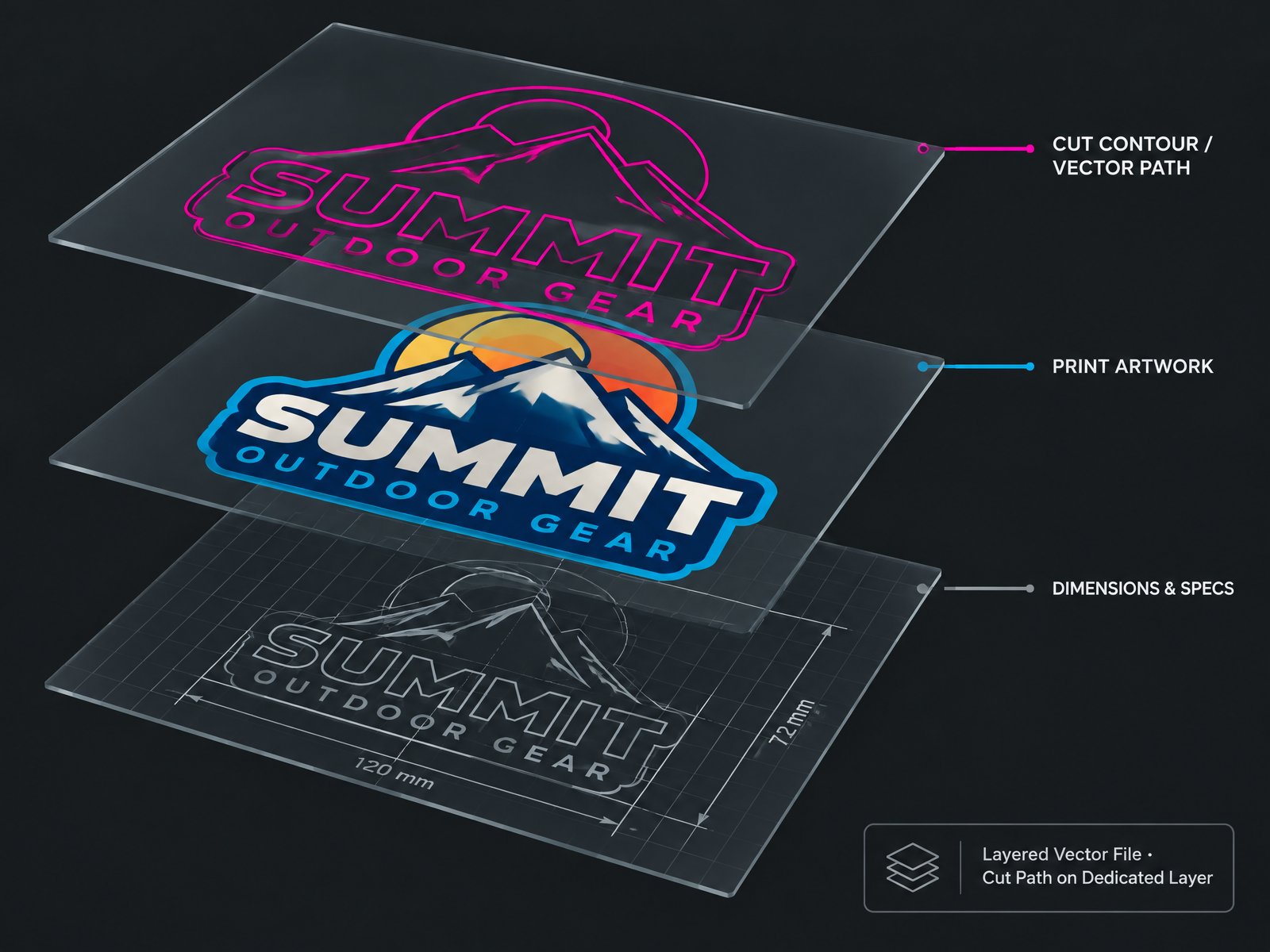 Exploded layer stack: cut, print and dimension layers