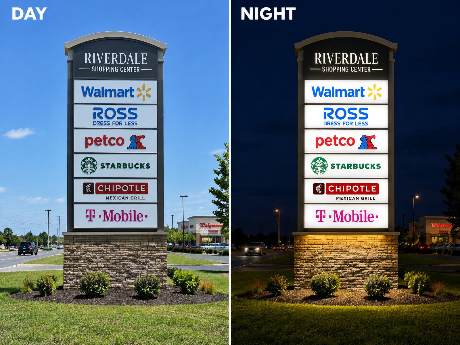 Pylon sign shown by day and by night