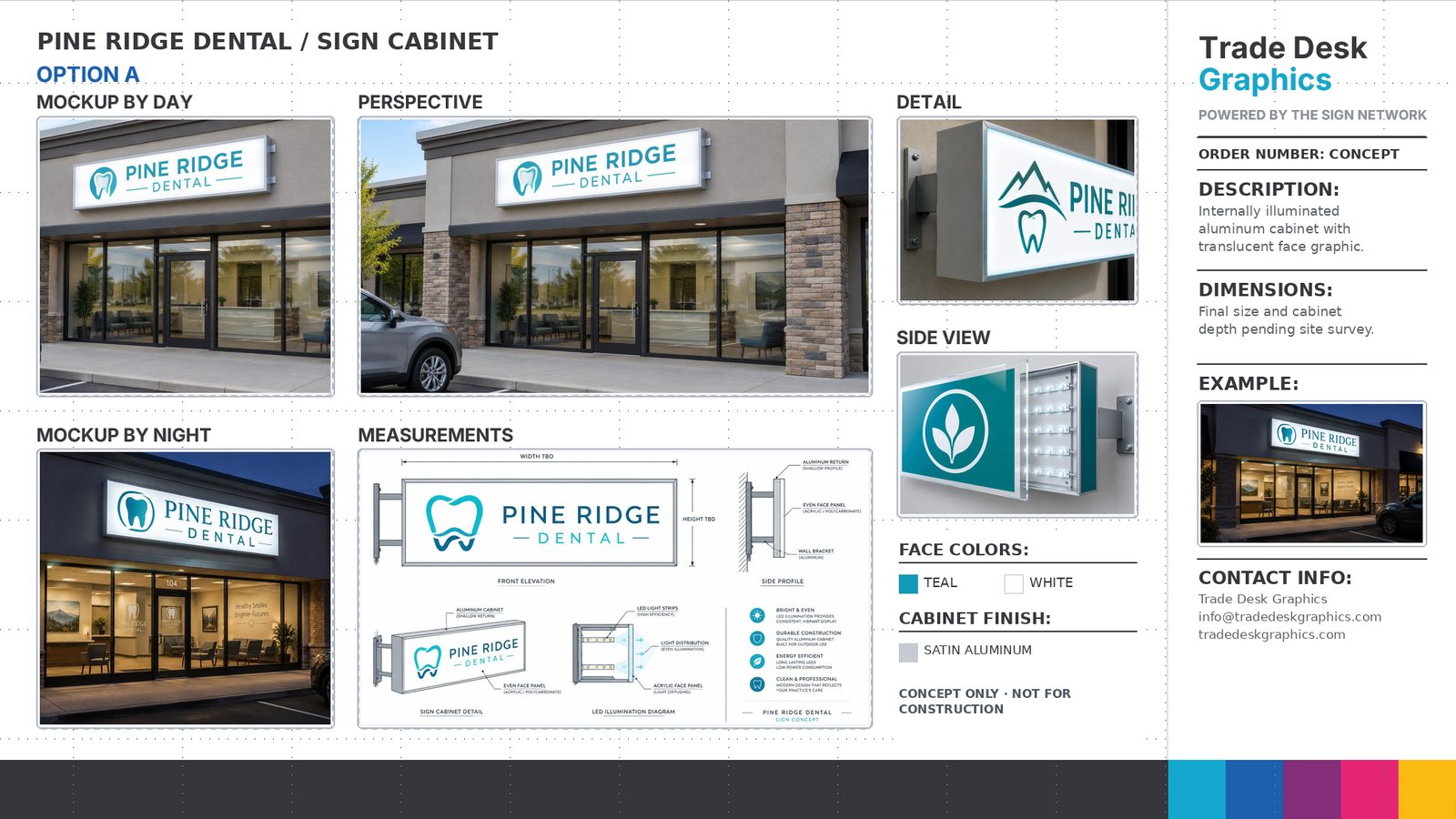 Pine Ridge Dental sign cabinet proof sheet with day and night mockups