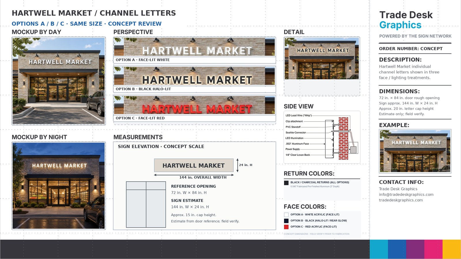 Hartwell Market channel letters concept review with three face and lighting options