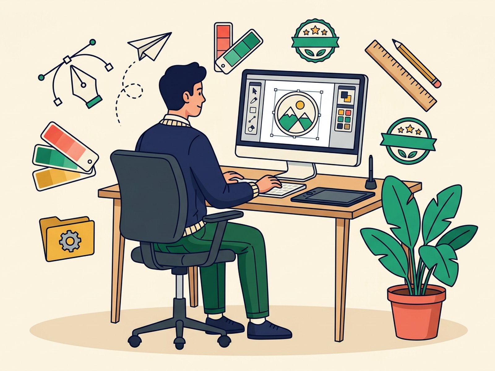 Illustration of a designer at a remote workstation
